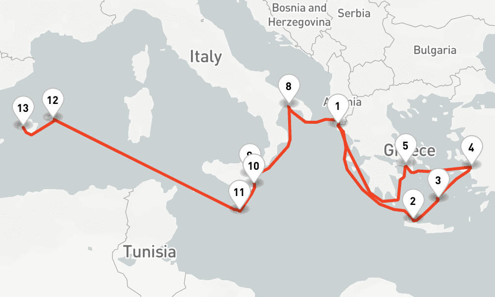 15 nights / 16 days, one-way from Corfu Island to Palma de Mallorca (Majorca Island, Spain)