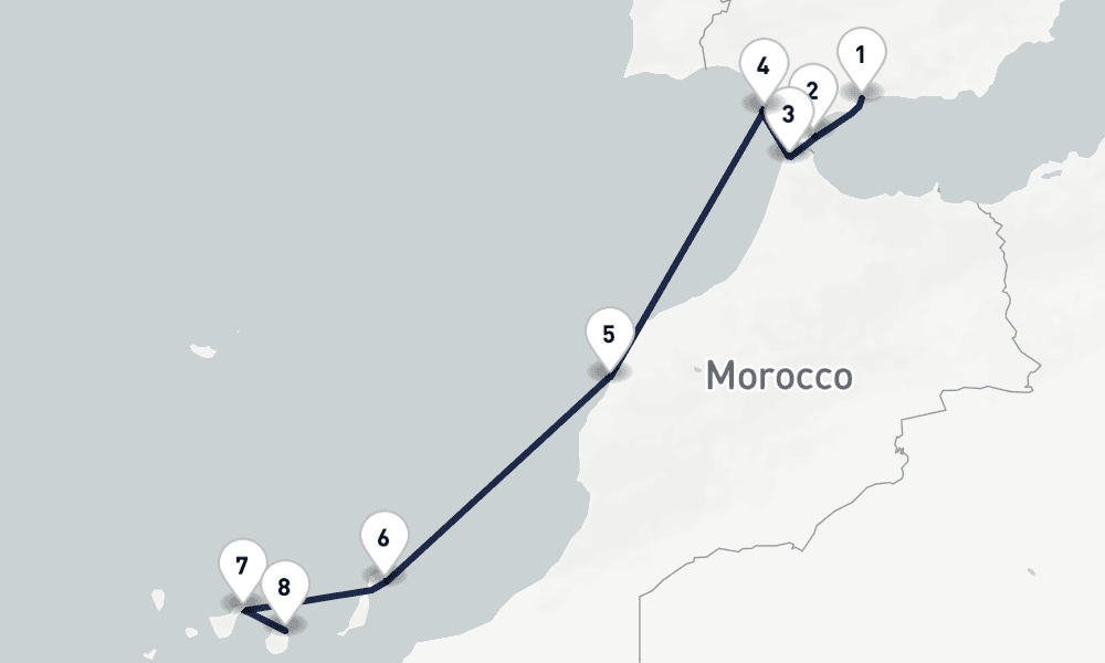 9 nights / 10 days, one-way from Malaga to Las Palmas (Gran Canaria, Canary Islands)