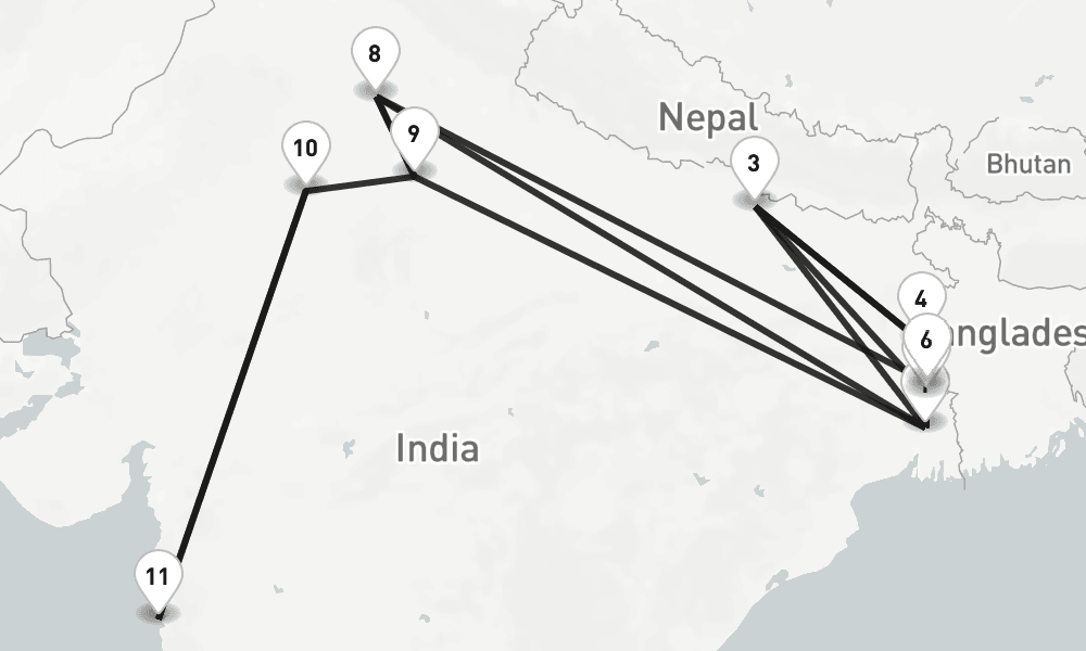 15 nights / 16 days, one-way from Kolkata (Calcutta, India) to Mumbai (Bombay, India)