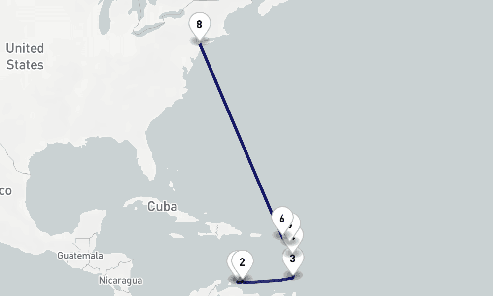 12 nights / 13 days, one-way from Willemstad (Curacao Island, Dutch Antilles) to New York (Cape Liberty NYC)