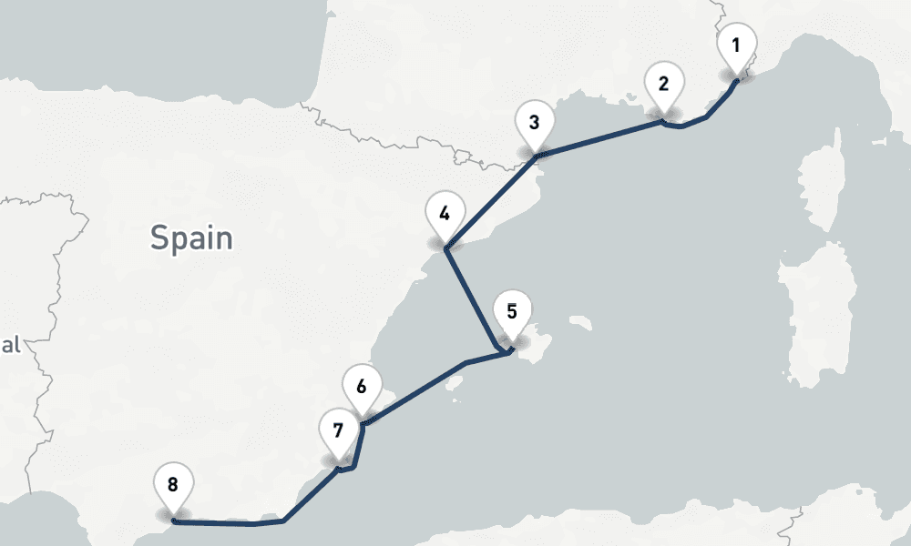 7 nights / 8 days, one-way from Villefranche-sur-Mer (Nice, France Riviera) to Malaga