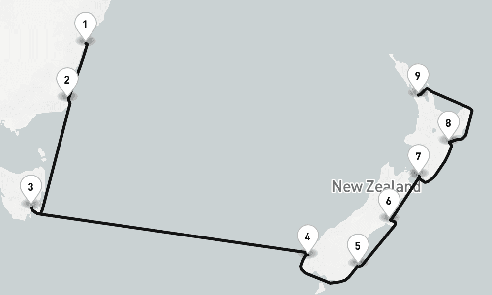 13 nights / 14 days, one-way from Sydney (NSW, Australia) to Auckland