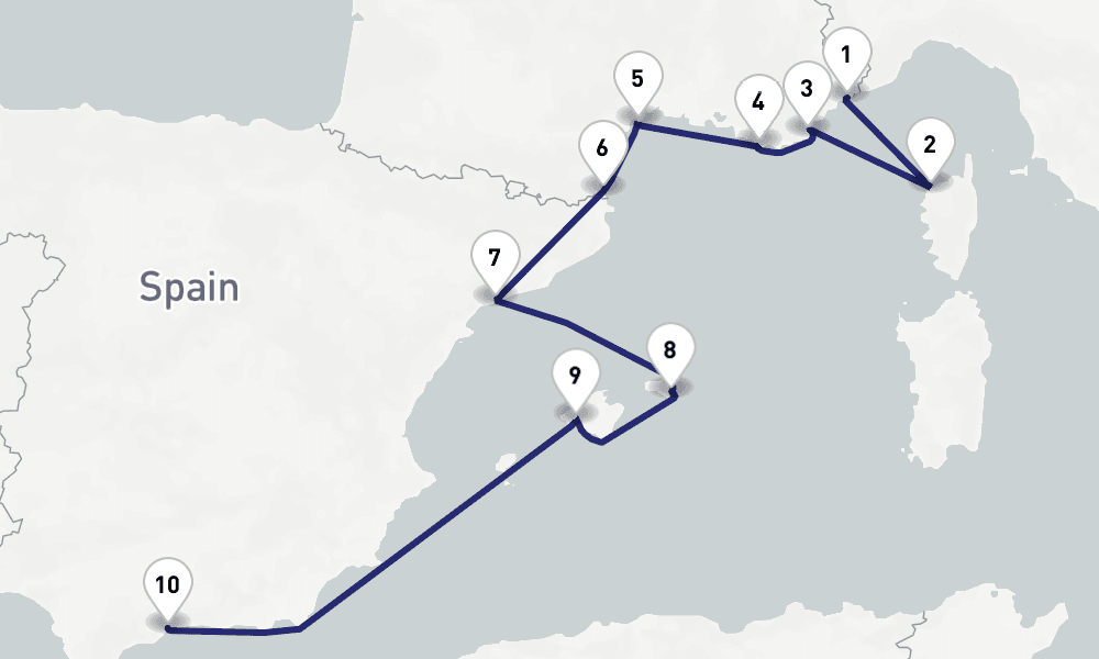 10 nights / 11 days, one-way from Villefranche-sur-Mer (Nice, France Riviera) to Malaga