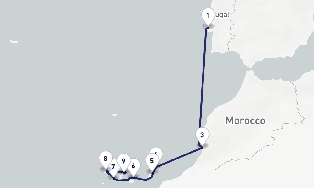11 nights / 12 days, one-way from Lisbon to Santa Cruz de Tenerife (Canary Islands)