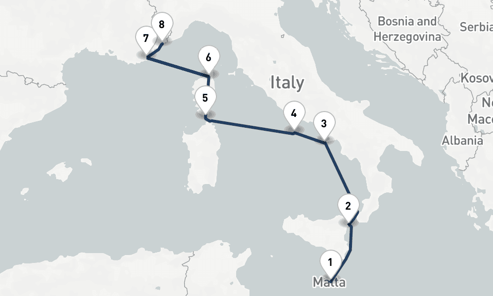 7 nights / 8 days, one-way from Valletta to Villefranche-sur-Mer (Nice, France Riviera)