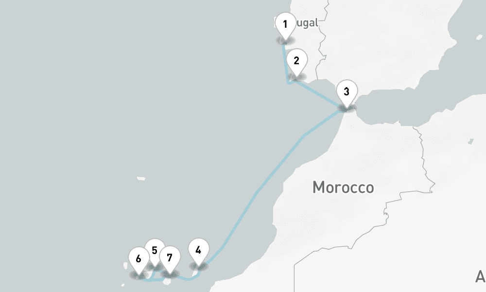 8 nights / 9 days, one-way from Lisbon to Las Palmas (Gran Canaria, Canary Islands)