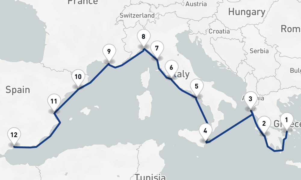 13 nights / 14 days, one-way from Piraeus (Athens, Greece) to Malaga