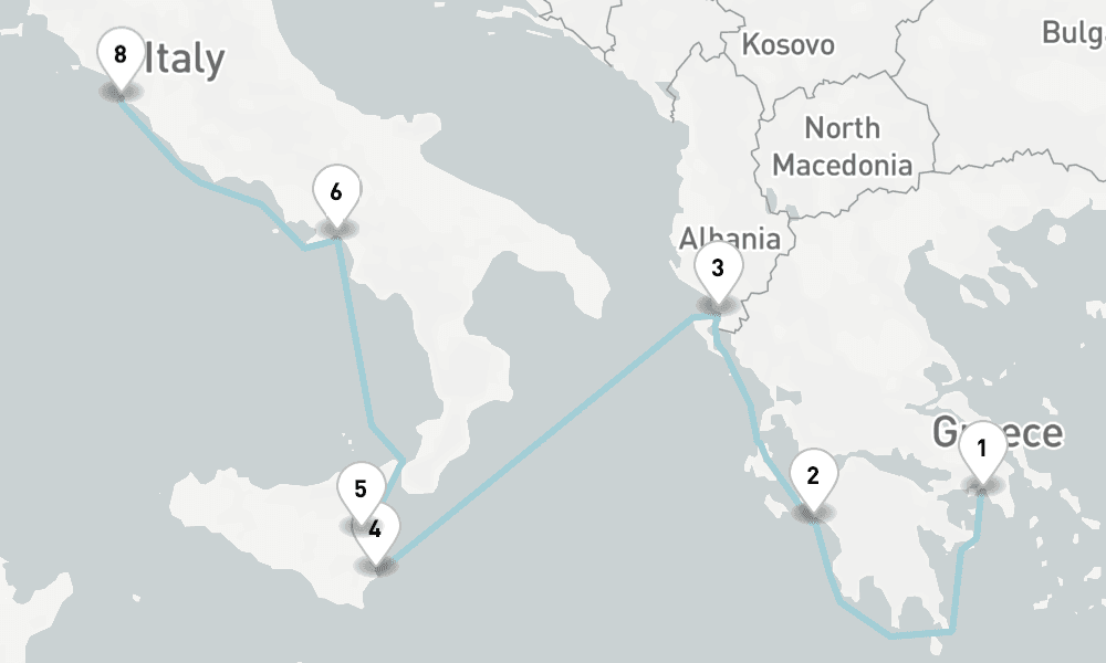 7 nights / 8 days, one-way from Piraeus (Athens, Greece) to Civitavecchia (Rome, Italy)