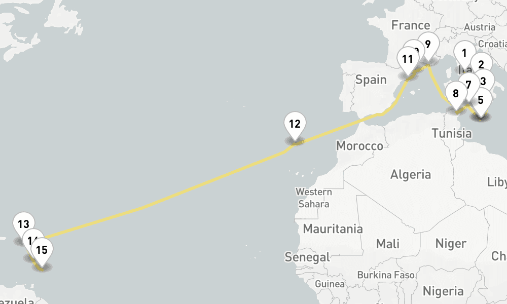 24 nights / 25 days, one-way from Civitavecchia (Rome, Italy) to Bridgetown (Barbados)