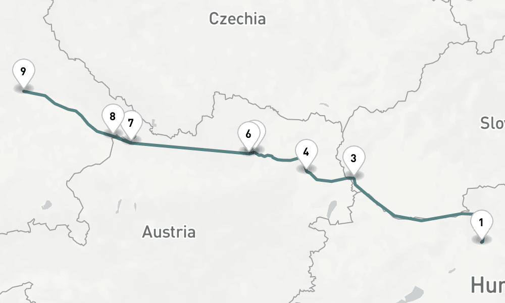7 nights / 8 days, one-way from Budapest to Regensburg