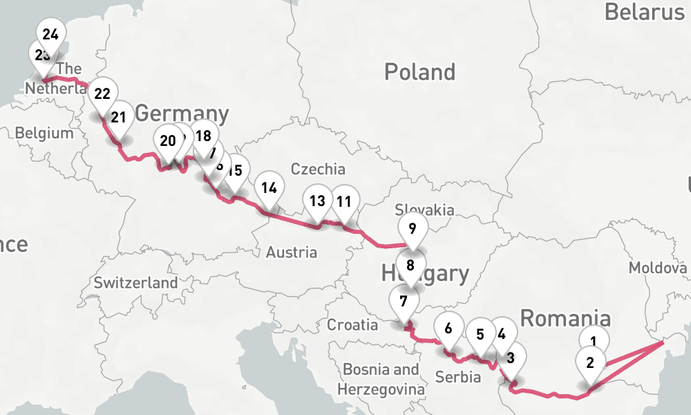 21 nights / 22 days, one-way from Bucharest to Amsterdam (Holland)