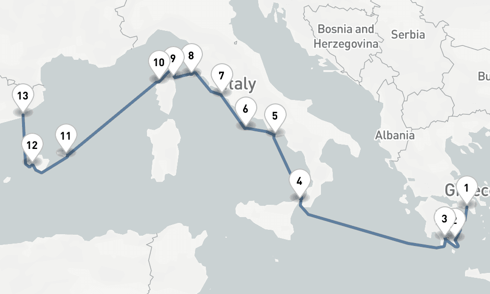 14 nights / 15 days, one-way from Piraeus (Athens, Greece) to Barcelona