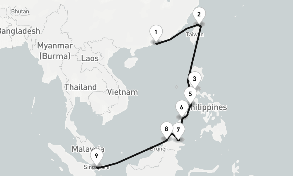 14 nights / 15 days, one-way from Hong Kong to Singapore