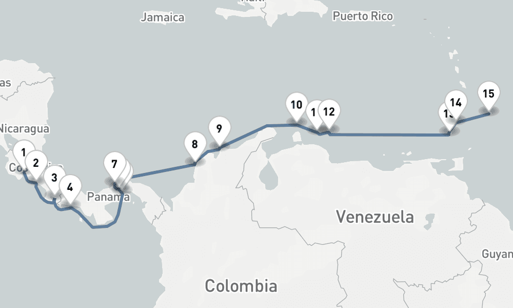 18 nights / 19 days, one-way from Puntarenas (Puerto Caldera, Costa Rica) to Bridgetown (Barbados)