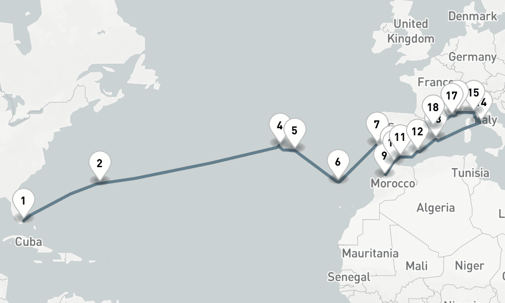 28 nights / 29 days, one-way from Miami (Florida) to Barcelona