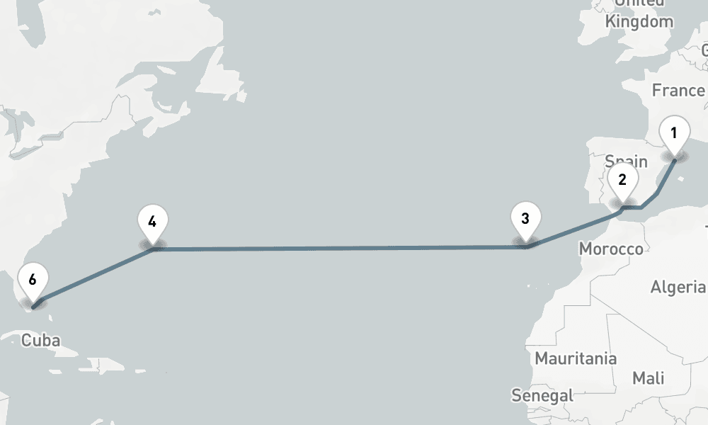 14 nights / 15 days, one-way from Barcelona to Miami (Florida)