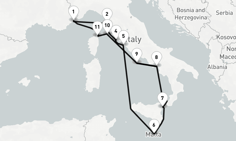 12 nights / 13 days, Villefranche-sur-Mer (Nice, France Riviera) Round trip
