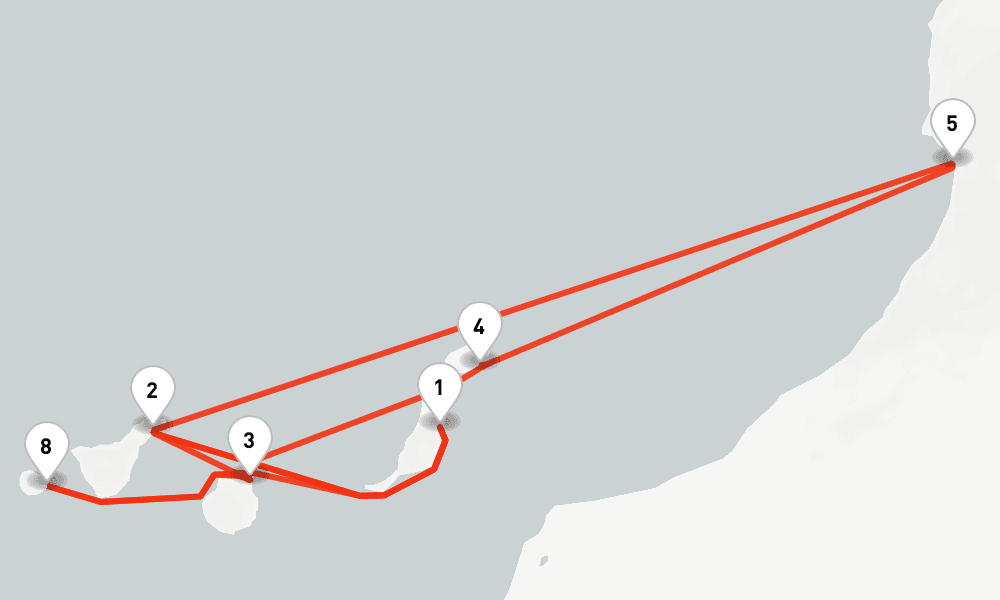 9 nights / 10 days, one-way from Puerto del Rosario (Fuerteventura, Canary Islands) to Las Palmas (Gran Canaria, Canary Islands)