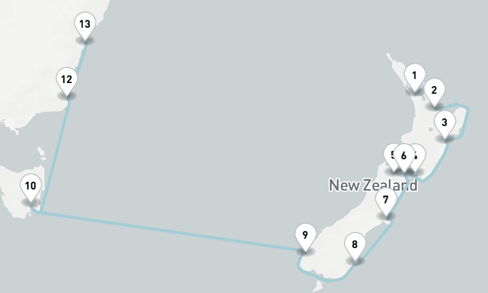16 nights / 17 days, one-way from Auckland to Sydney (NSW, Australia)