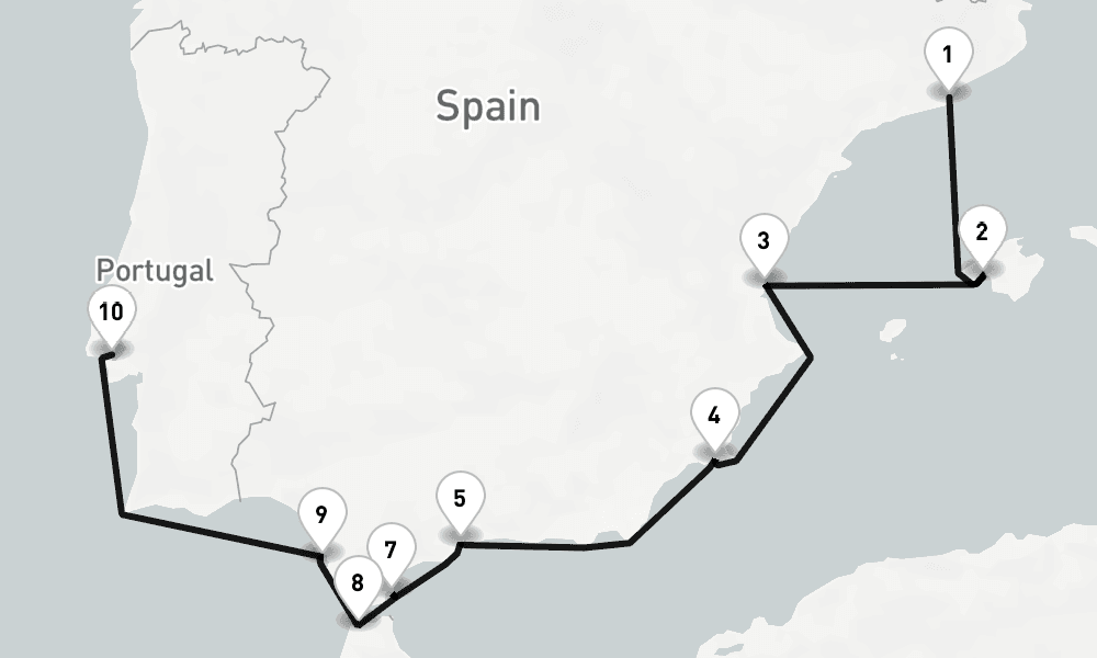 10 nights / 11 days, one-way from Barcelona to Lisbon
