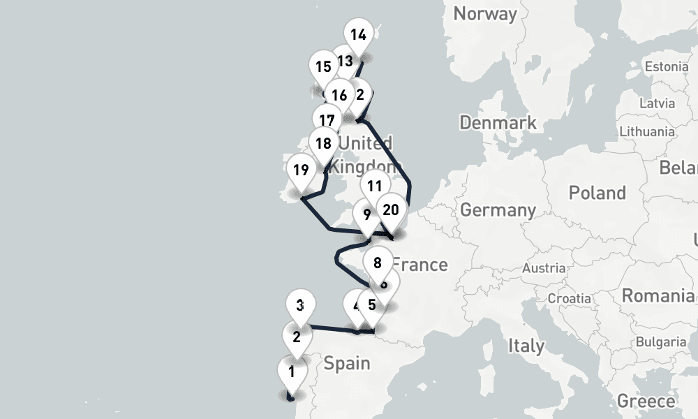 22 nights / 23 days, one-way from Lisbon to Le Havre (Paris, France)