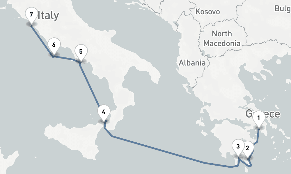 7 nights / 8 days, one-way from Piraeus (Athens, Greece) to Civitavecchia (Rome, Italy)