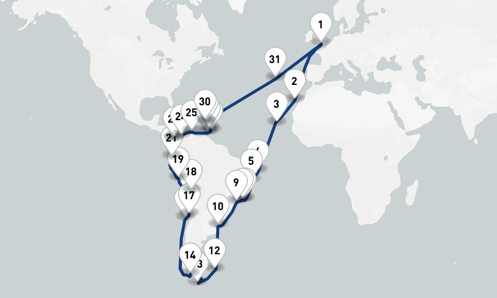 75 nights / 76 days, Southampton (England) Round trip