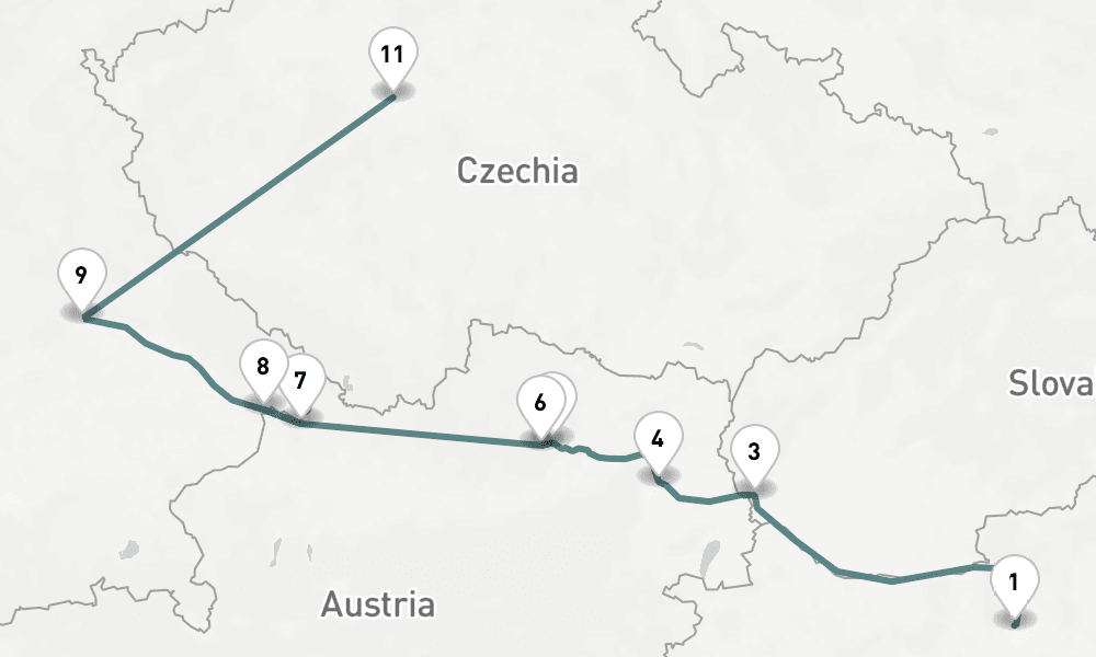 10 nights / 11 days, one-way from Budapest to Prague (Czech Republic)