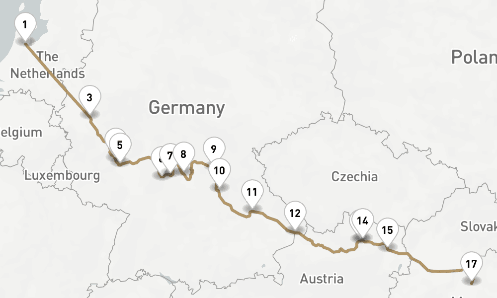 14 nights / 15 days, one-way from Amsterdam (Holland) to Budapest