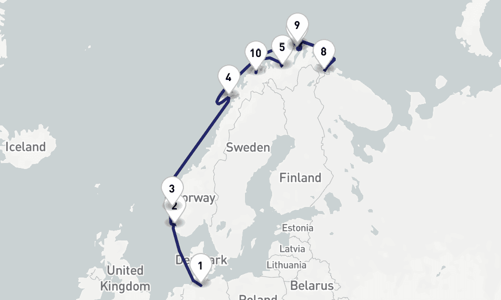 13 nights / 14 days, one-way from Hamburg to Tromso