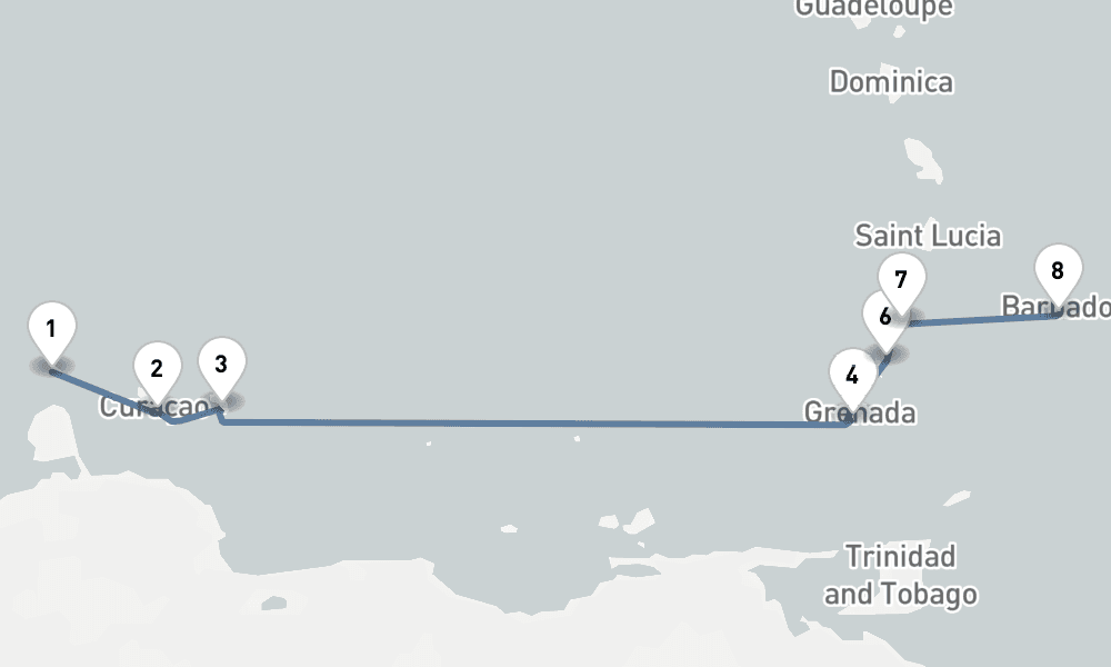 8 nights / 9 days, one-way from Oranjestad (Aruba Island, Dutch Antilles) to Bridgetown (Barbados)