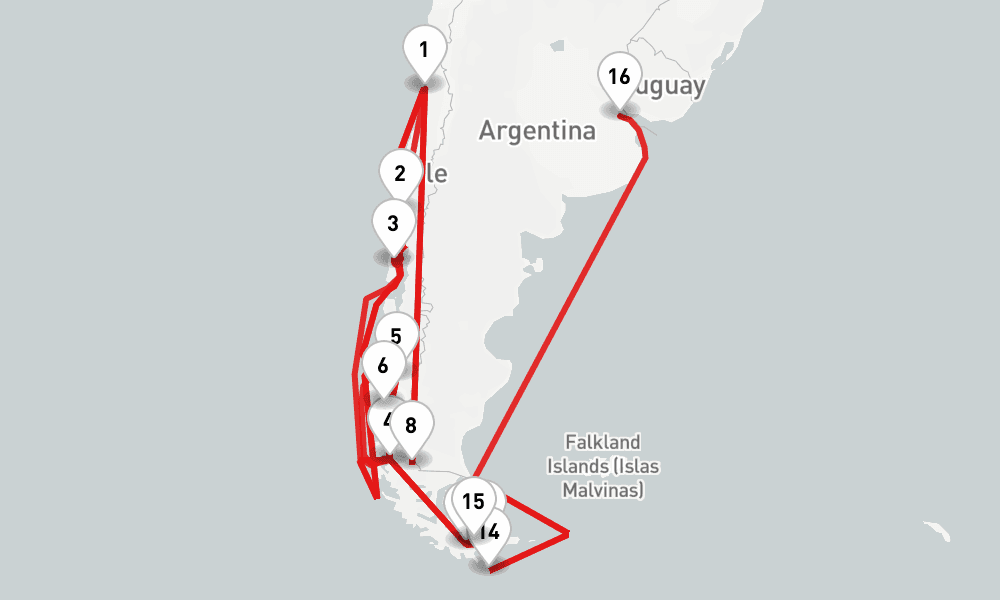 14 nights / 15 days, one-way from Valparaiso (Santiago, Chile) to Buenos Aires