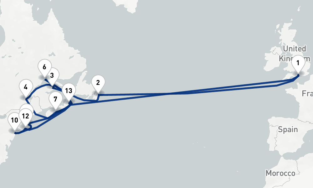 30 nights / 31 days, Southampton (England) Round trip