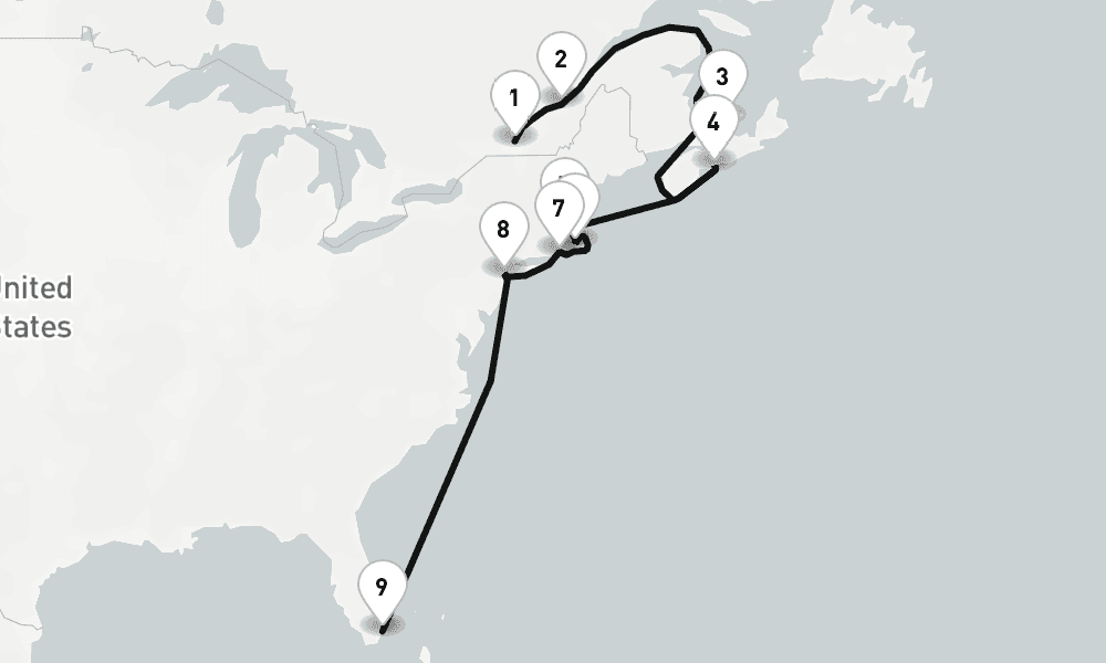 14 nights / 15 days, one-way from Montreal (Quebec, Canada) to Miami (Florida)