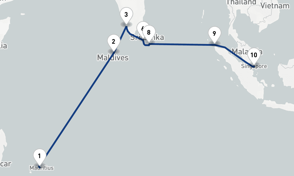 16 nights / 17 days, one-way from Port Louis (Mauritius Island) to Singapore