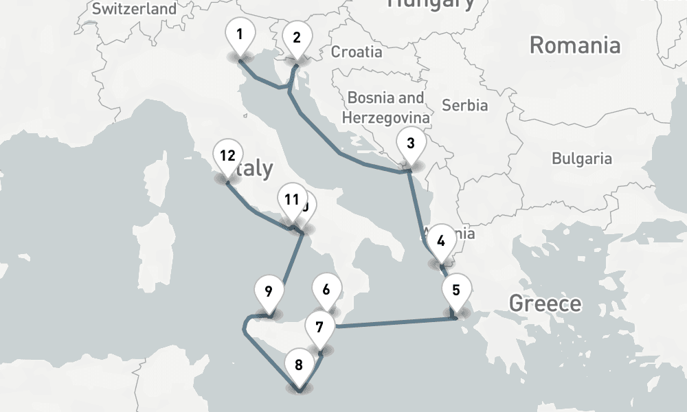 14 nights / 15 days, one-way from Fusina to Civitavecchia (Rome, Italy)