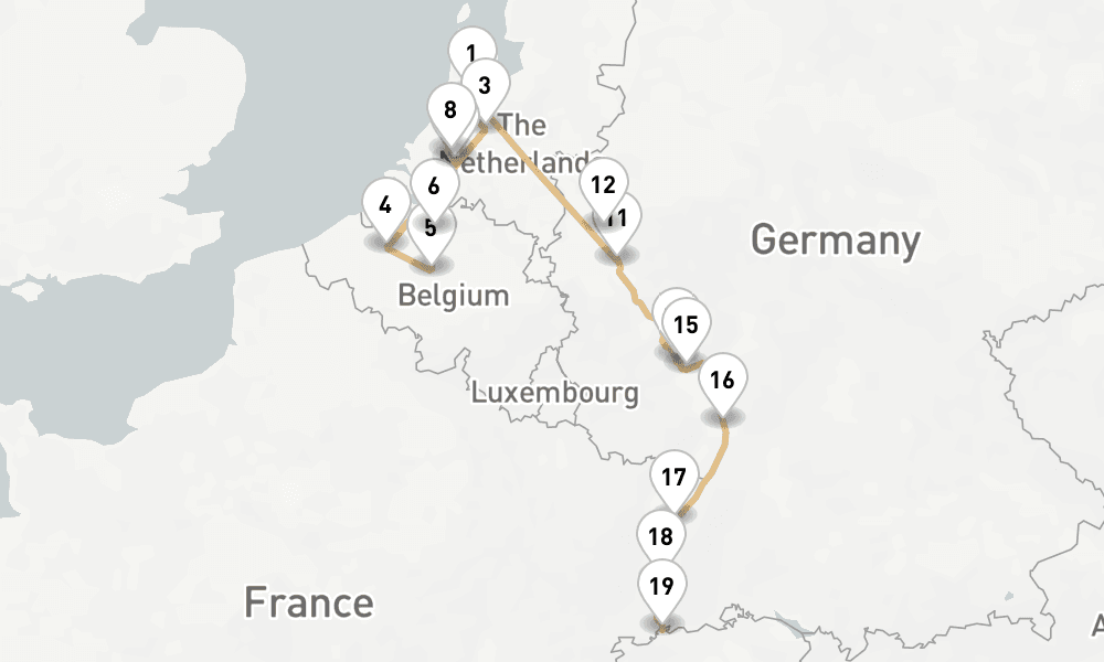 14 nights / 15 days, one-way from Amsterdam (Holland) to Basel