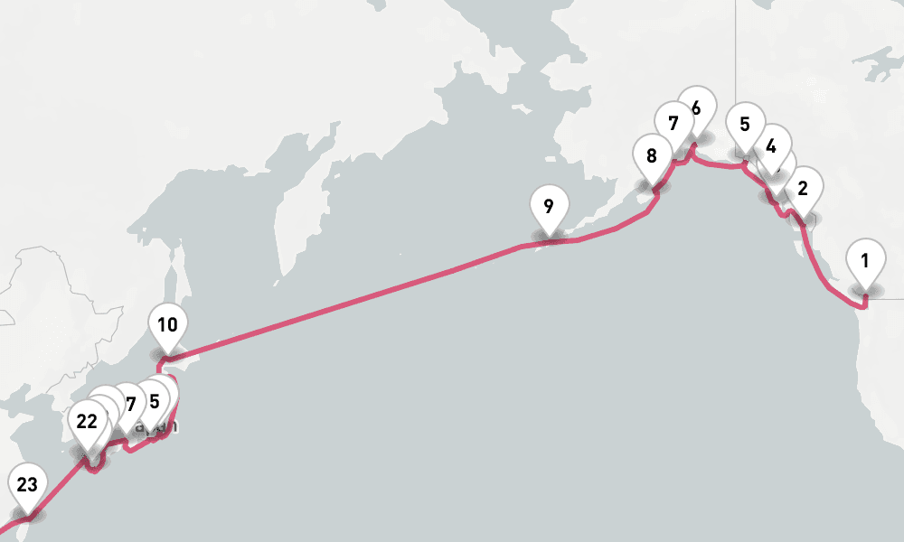 36 nights / 37 days, one-way from Vancouver (BC Canada) to Hong Kong