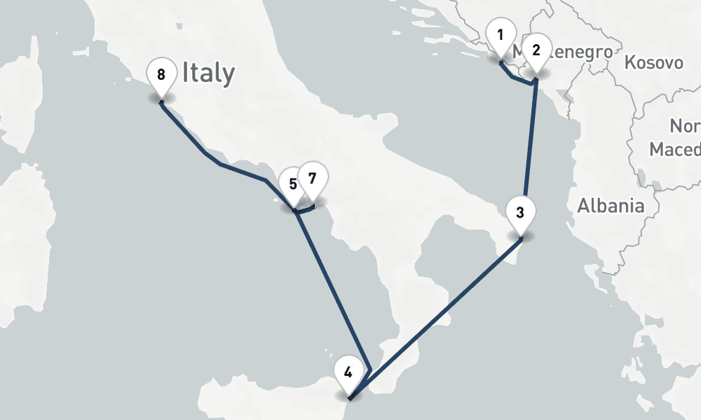 7 nights / 8 days, one-way from Dubrovnik to Civitavecchia (Rome, Italy)