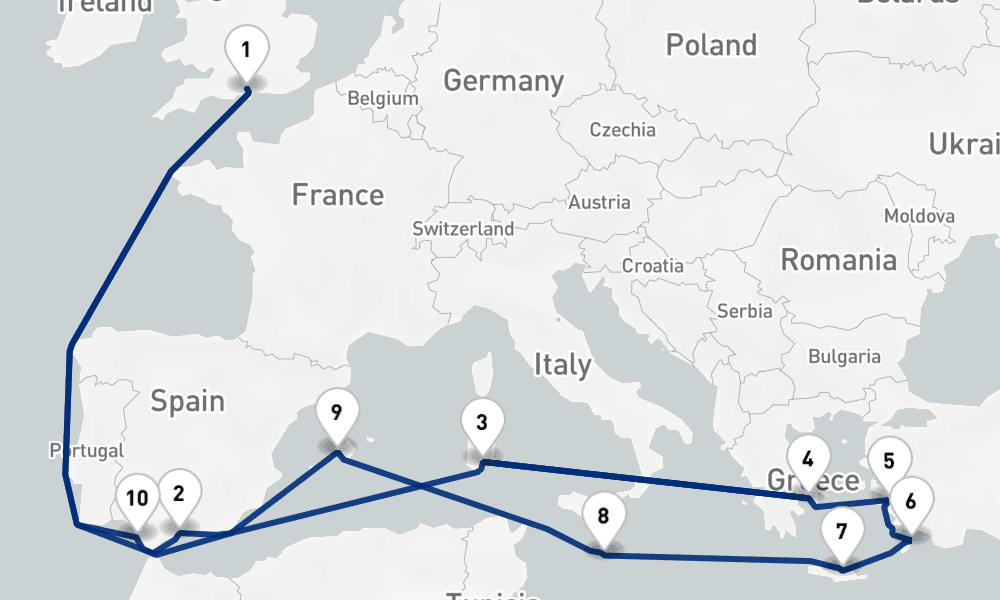 21 nights / 22 days, Southampton (England) Round trip