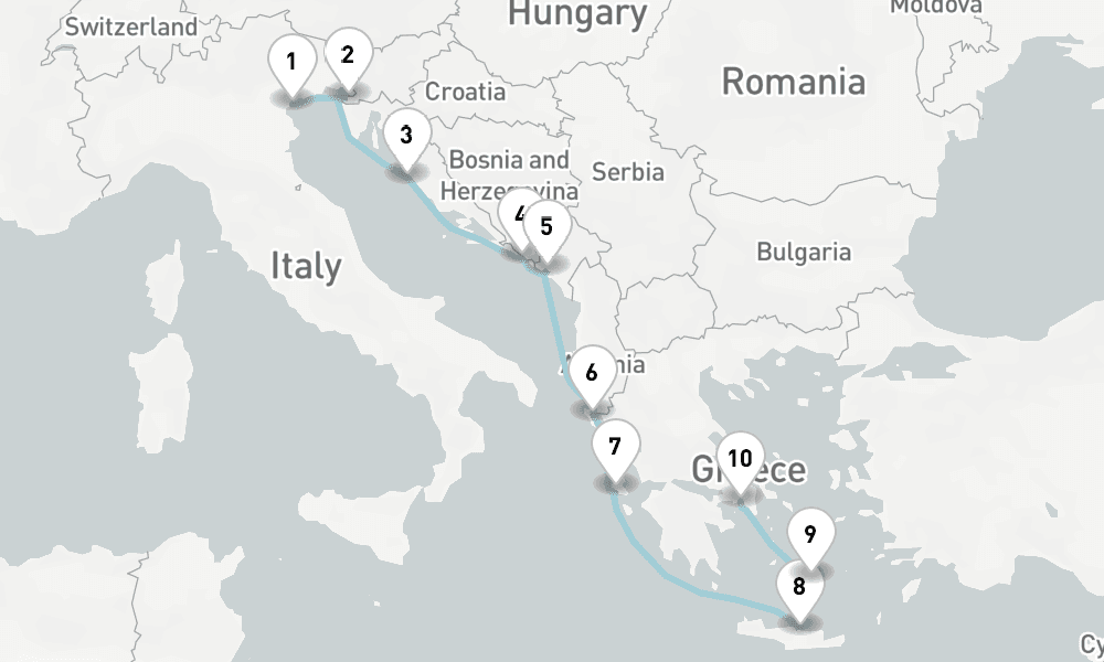 10 nights / 11 days, one-way from Venice to Piraeus (Athens, Greece)