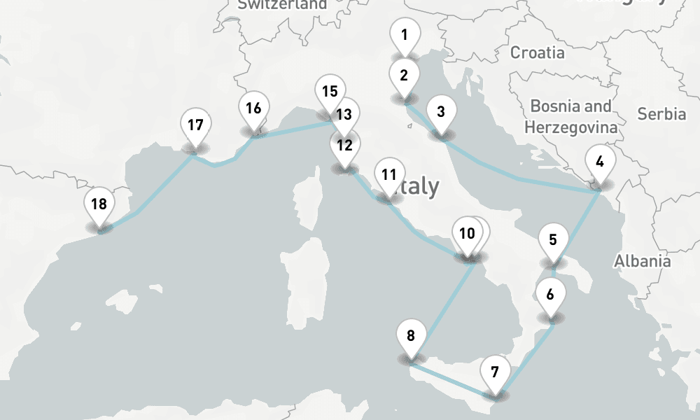 18 nights / 19 days, one-way from Venice to Barcelona