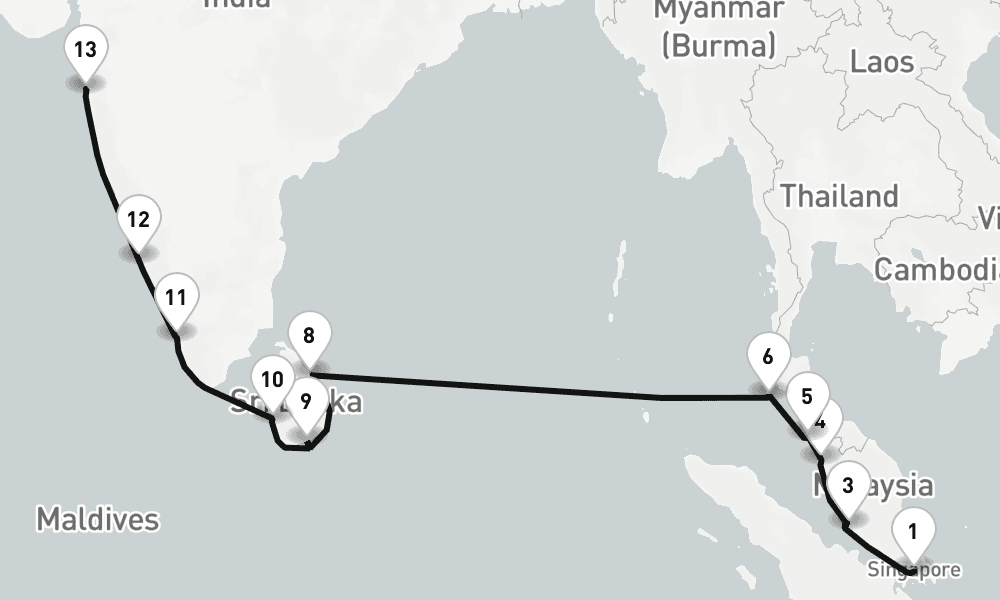 18 nights / 19 days, one-way from Singapore to Mumbai (Bombay, India)