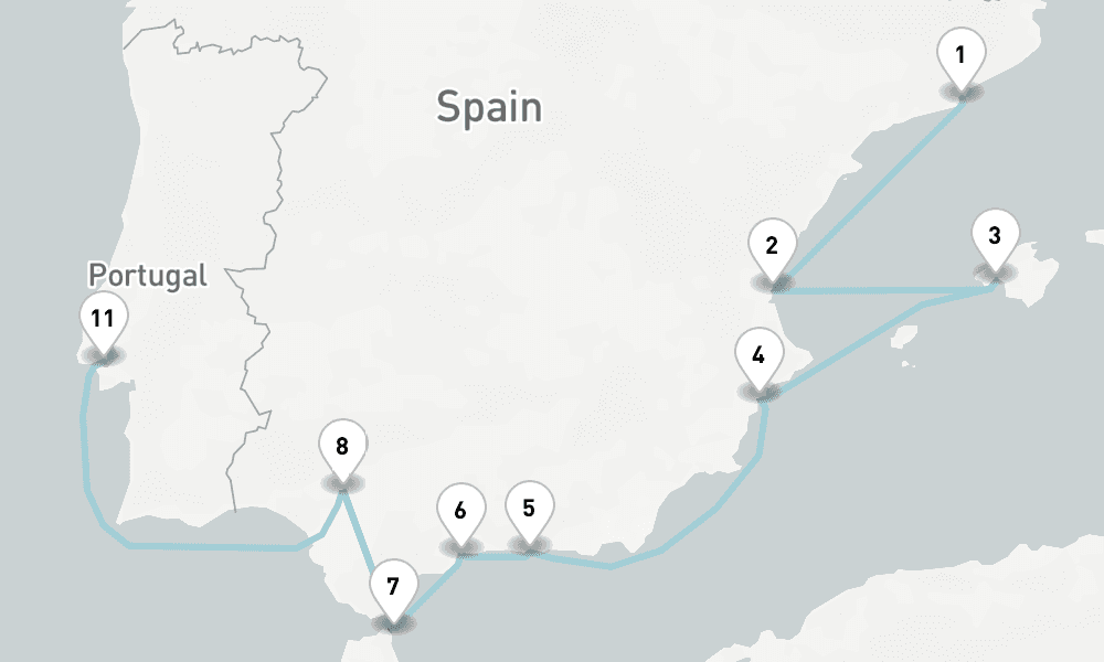 11 nights / 12 days, one-way from Barcelona to Lisbon