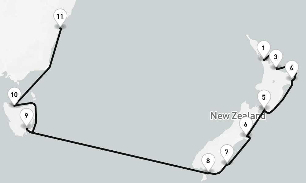 15 nights / 16 days, one-way from Auckland to Sydney (NSW, Australia)