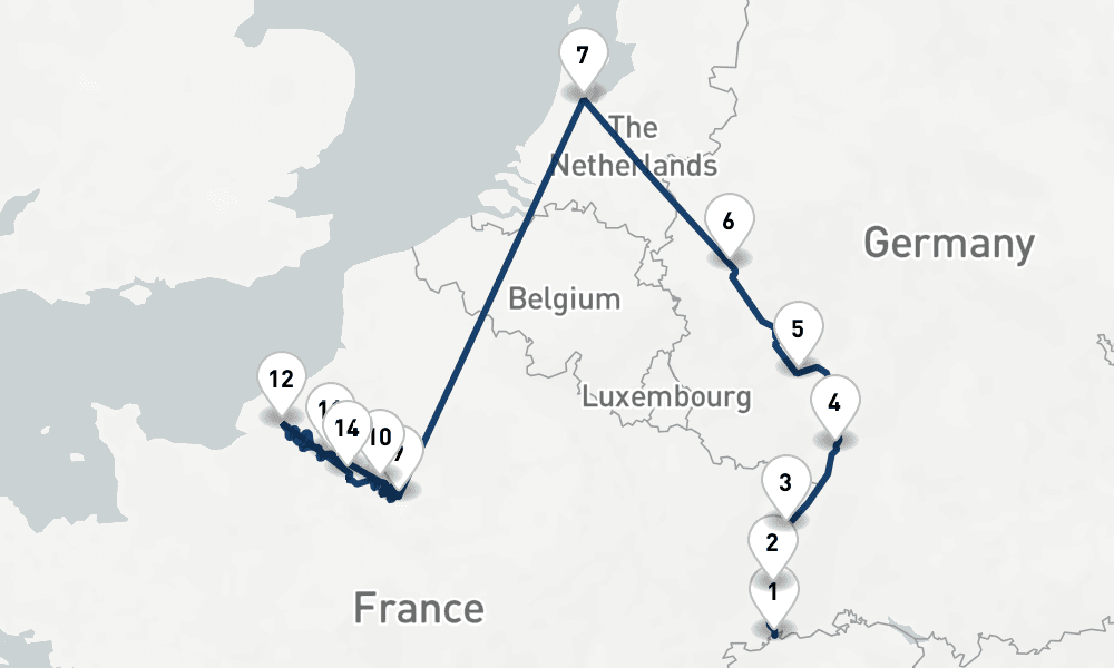 14 nights / 15 days, one-way from Basel to Paris
