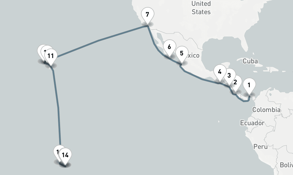 28 nights / 29 days, one-way from Panama City (Fuerte Amador, Balboa) to Papeete (Tahiti Island, French Polynesia)