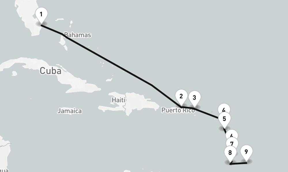 10 nights / 11 days, one-way from Fort Lauderdale (Everglades, Florida) to Bridgetown (Barbados)