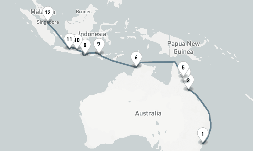 18 nights / 19 days, one-way from Sydney (NSW, Australia) to Singapore
