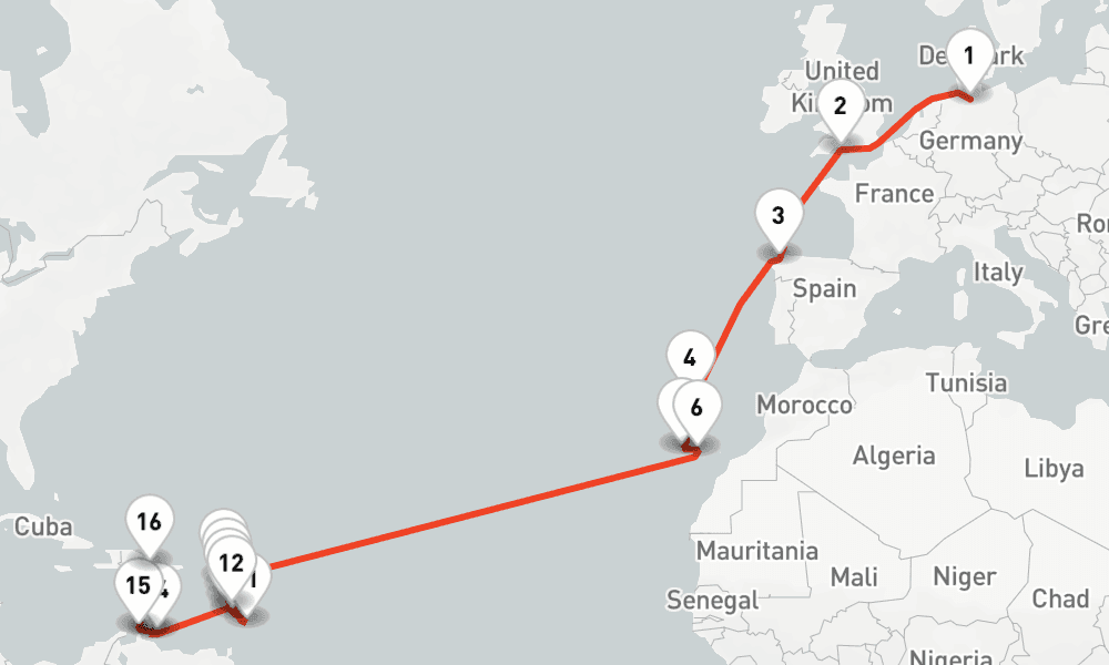 27 nights / 28 days, one-way from Hamburg to La Romana (Dominican Republic)